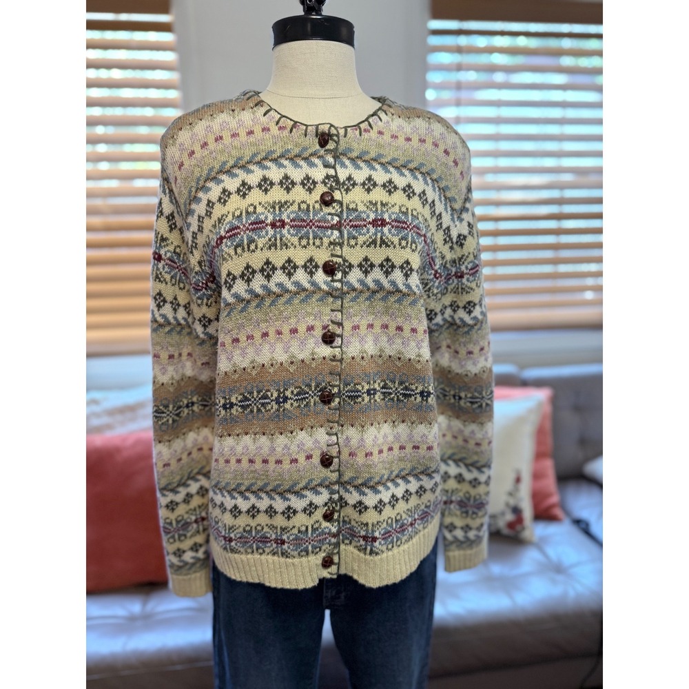 Vintage Fair Isle Cardigan Heirloom Collectibles Sweater Ramie Cotton Large
